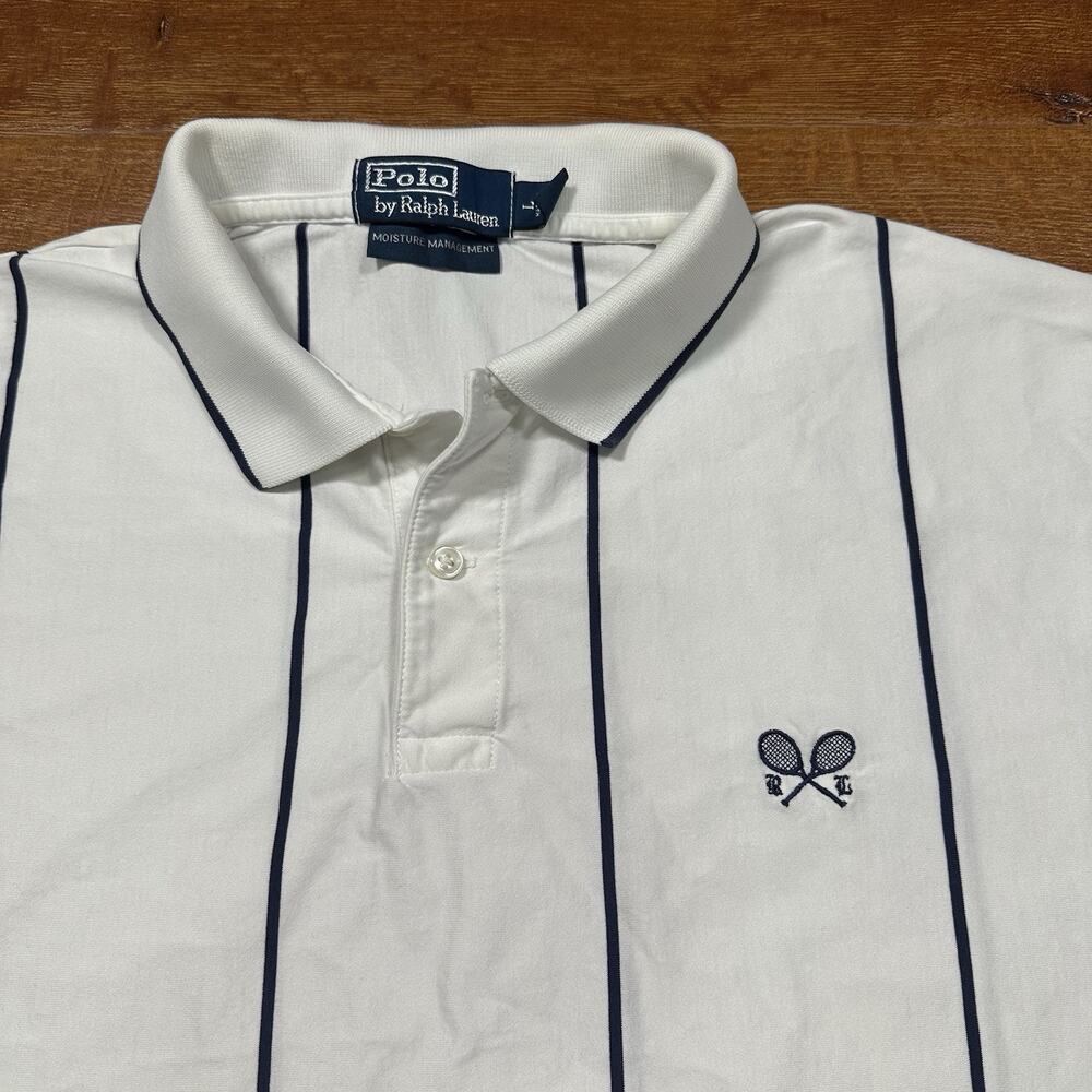 Vintage 90s Ralph Lauren Tennis Polo Shirt Mens L White Stripe Pima Cotton Peru